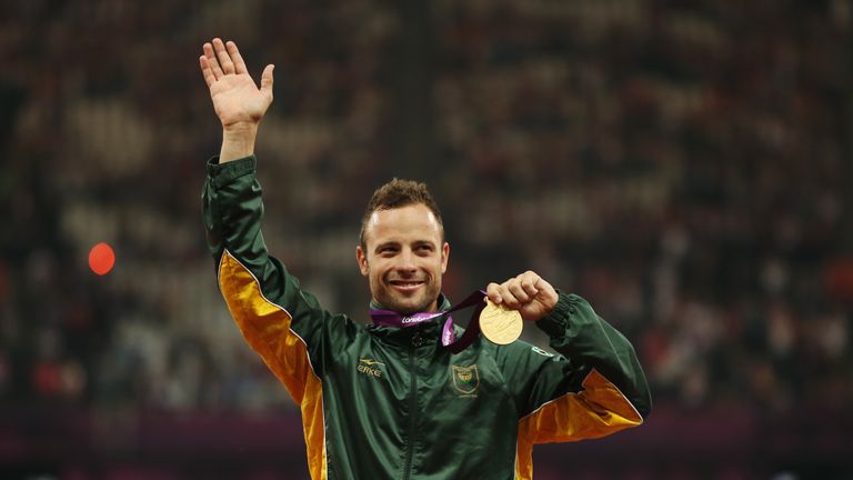 Gold medallist Oscar Pistorius of South Africa