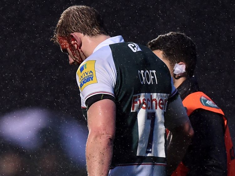 Leicester Tigers' Tom Croft leaves the field of play with an injury during the Aviva Premiership match at Allianz Park, London.