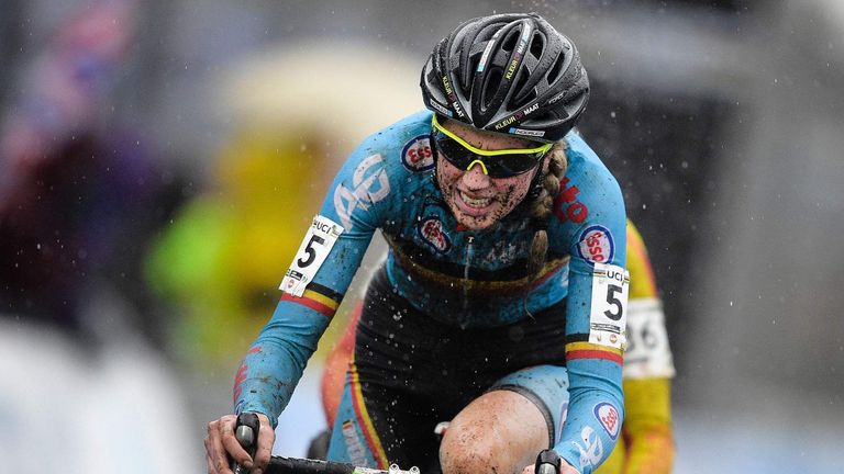 Belgian Femke Van Den Driessche races during the women's U23 race at the world championships cyclocross cycling