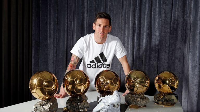Lionel Messi with five Ballon d'Or and Platinum adidas boots