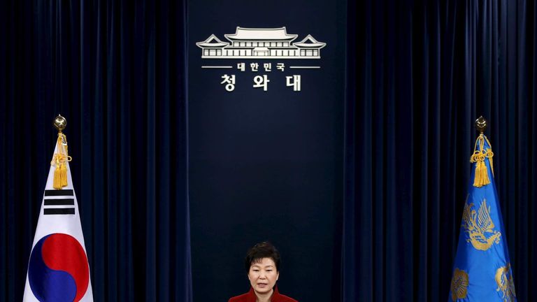 South Korean President Park Geun-hye addresses the nation at the Presidential Blue House in Seoul
