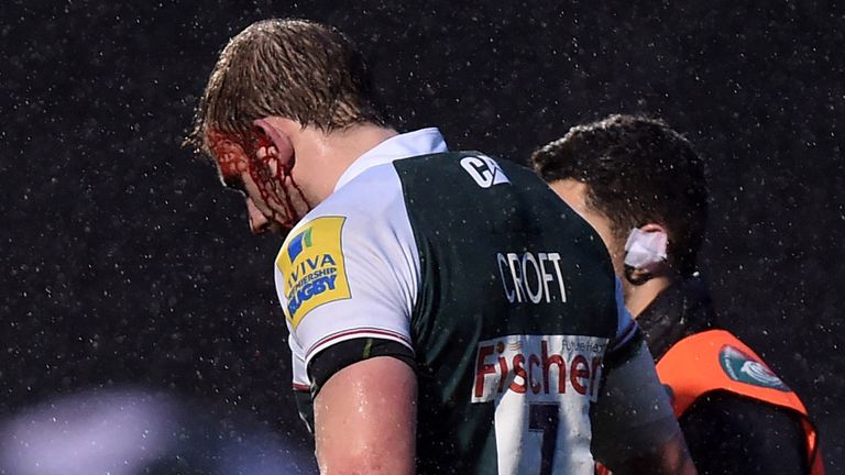 Leicester Tigers' Tom Croft leaves the field of play with an injury during the Aviva Premiership match at Allianz Park, London.