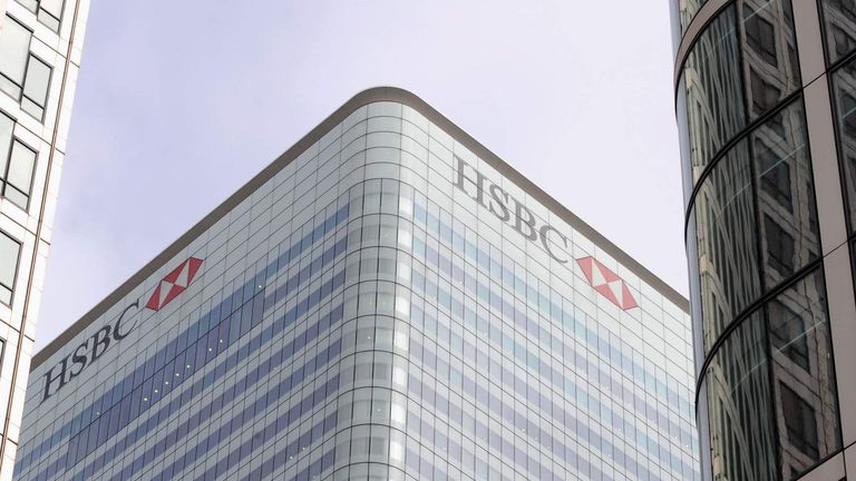 The logo of the HSBC bank is seen at its UK headquarters at Canary Wharf in London