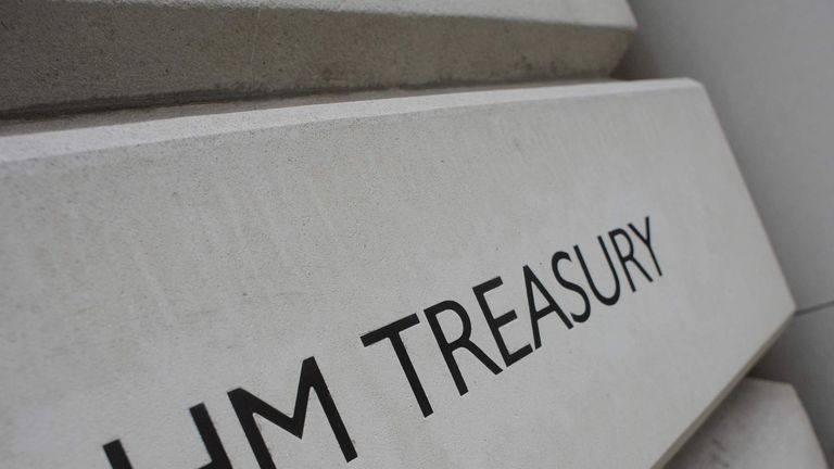A general view shows the sign outside the Treasury building in London