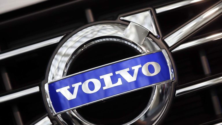 A Volvo logo is seen during preparations for the 2014 LA Auto Show in Los Angeles