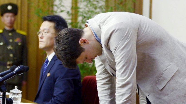 Otto Warmbier, a University of Virginia student who has been detained in North Korea since early January, bows during a new conference in Pyongyang, North Korea