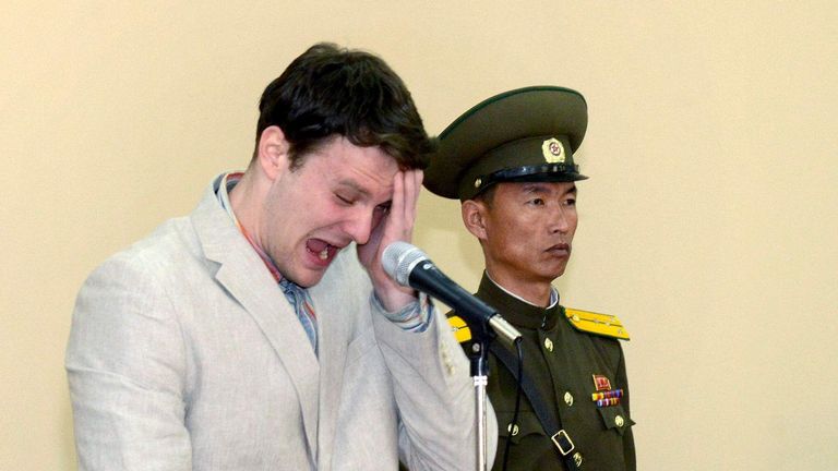 KCNA picture shows U.S. student Otto Warmbier crying at court in an undisclosed location in North Korea