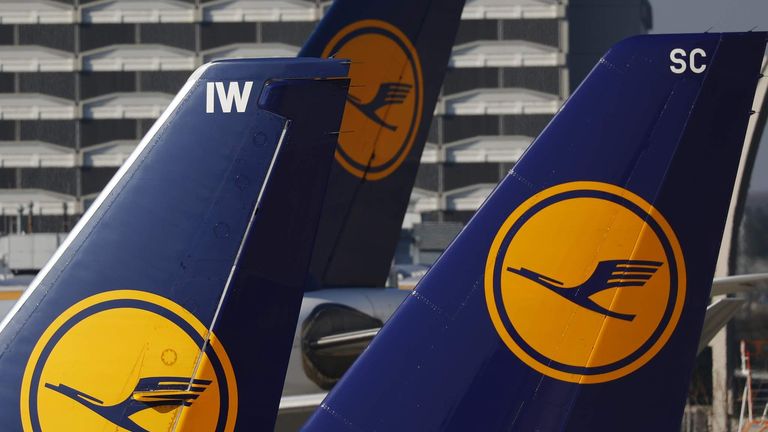 Planes of Lufthansa airline stand on tarmac in Frankfurt airport