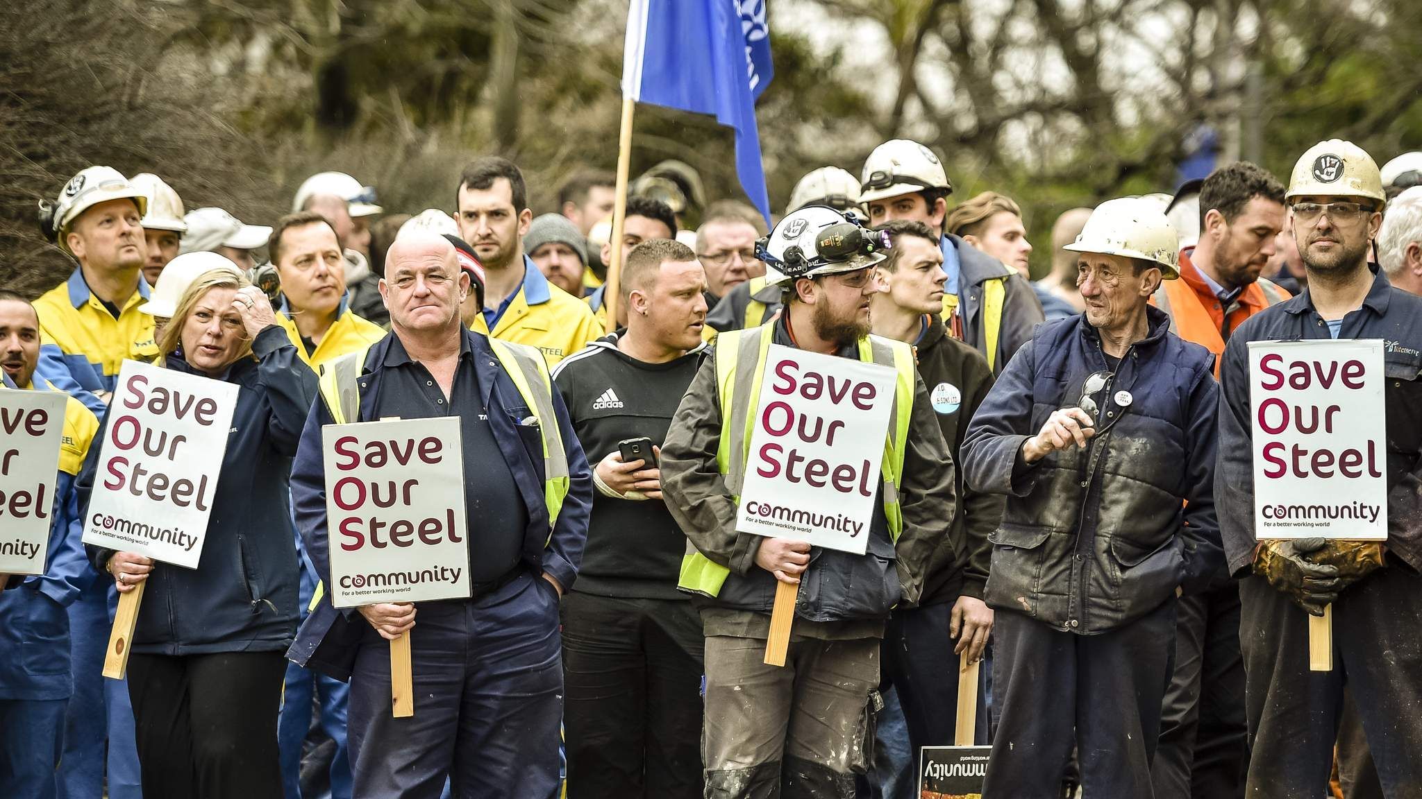 The Tata Steel logo is seen on a jacket as Tata Steel workers and