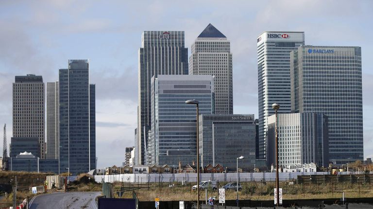 The Canary Wharf financial district is seen in east London