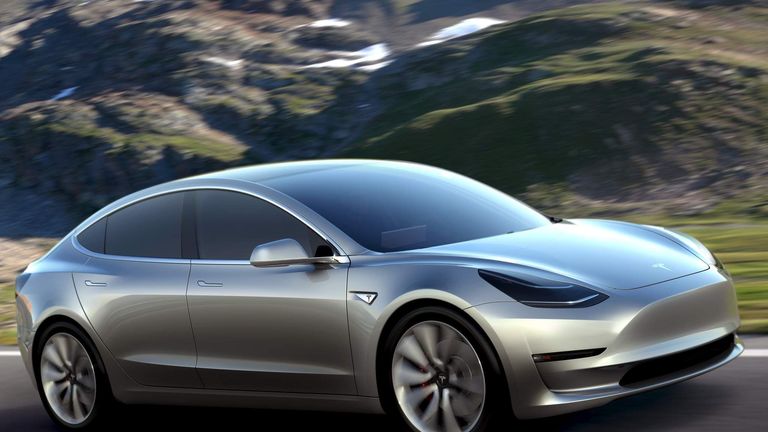 Handout of Tesla Motors' mass-market Model 3 electric cars