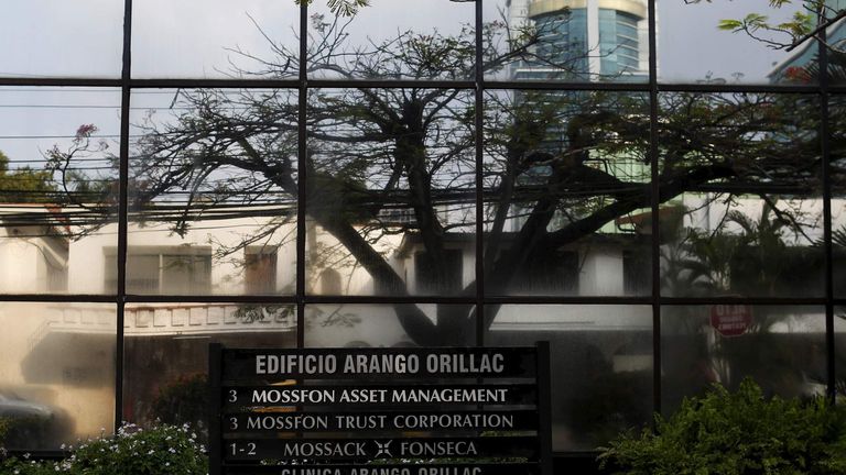 A company list showing the Mossack Fonseca law firm is pictured on a sign at the Arango Orillac Building in Panama City
