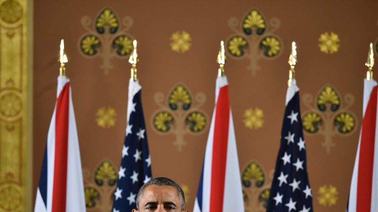 US President Barack Obama speaks during a press conference at the Foreign and Commonwealth Office in central London with Britain&#39;s Prime Minister David Cameron (unseen) following a meeting at Downing Street, in London