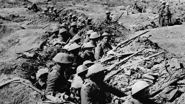 British infantrymen occupying a shallow trench during the Battle of the Somme