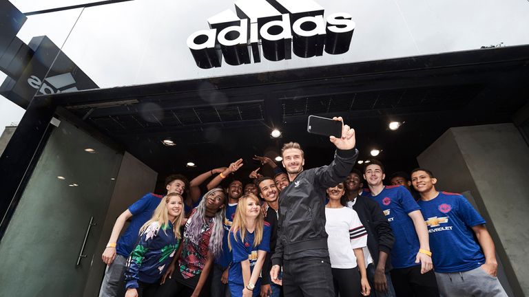 David Beckham meets fans outside the adidas store on Oxford Street for the launch of Manchester United's new away kit (Credit: Ben Duffy / adidas UK)