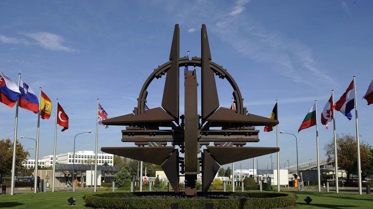 NATO emblem outside the organisation's headquarters in Brussels