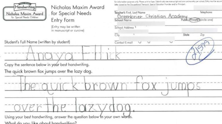 Handless Girl Wins National Handwriting Prize | US News | Sky News