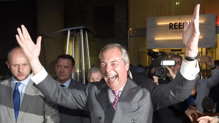 Nigel Farage, the leader of the United Kingdom Independence Party (UKIP), reacts at a Leave.eu party after polling stations closed in the Referendum on the European Union in London