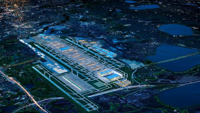 Artist&#39;s impression of the Heathrow Airport with a third runway as seen at night