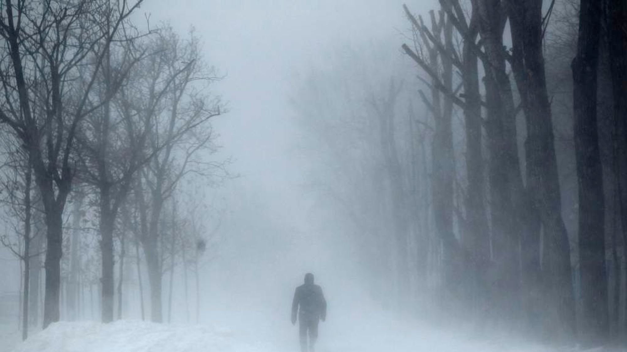 A man walks on a <b>snow</b>-covered road during a snowfall in Bucharest. 