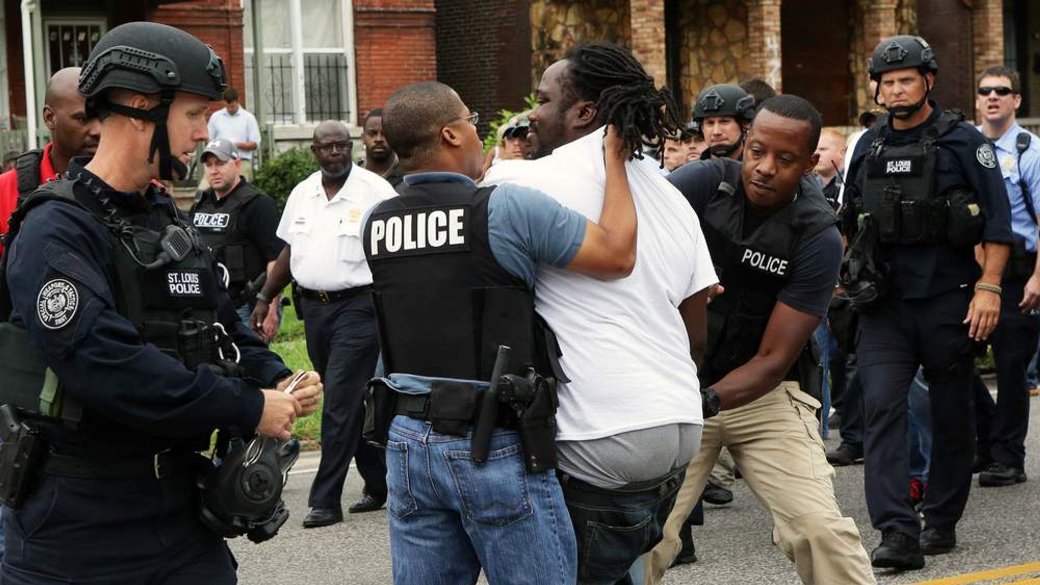 Police arresting a protester in St Louis. 