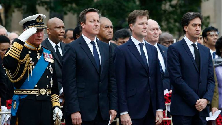 The Prince of Wales, Prime Minister David Cameron, Deputy Prime Minister Nick Clegg and Labour leader Ed Miliband during a wreath-laying ceremony at the cenotaph in Glasgow to commemorate the centenary of the start of the First World War.