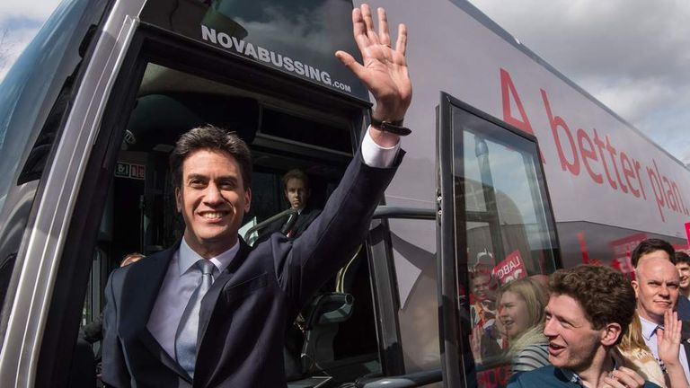 Labour leader Ed Miliband boards his General Election battle bus for the first time.