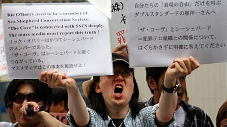 Protest at screening of The Cove film in Tokyo, Japan