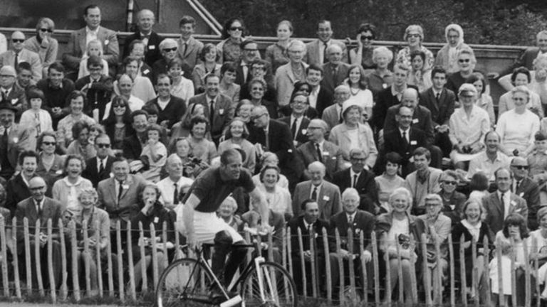 Prince Philip competing in a bicycle polo match at Windsor