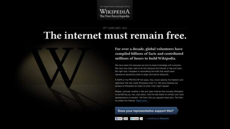 Wikipedia black out graphic designed for 24 hour-protest on English language site at proposed US anti-piracy legislation