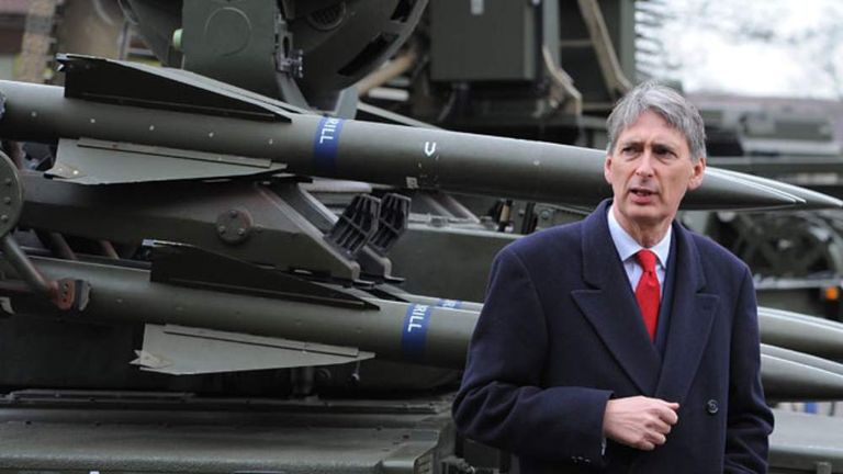 Philip Hammond with a Rapier System ground-to-air missile launcher