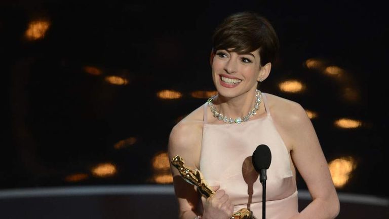 Best Supporting Actress winner Anne Hathaway addresses the audience onstage at the 85th Annual Academy Award
