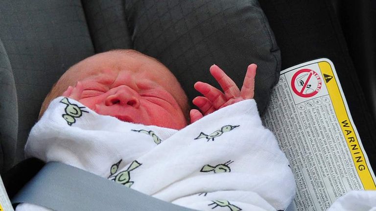 The baby boy seen in a car seat outside the Lindo Wing.