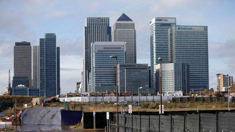The Canary Wharf financial district is seen in east London