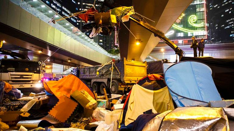 Hong Kong Police Clear Democracy Protest Camp | World News | Sky News