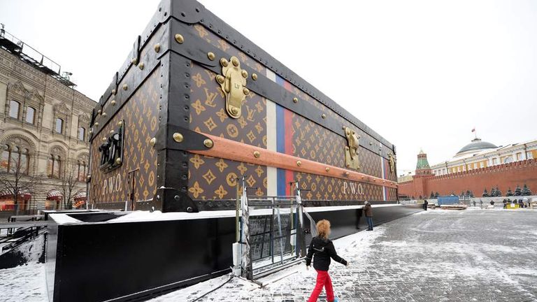 Large Fashion Suitcases at the Luxury Louis Vuitton Store . Moscow