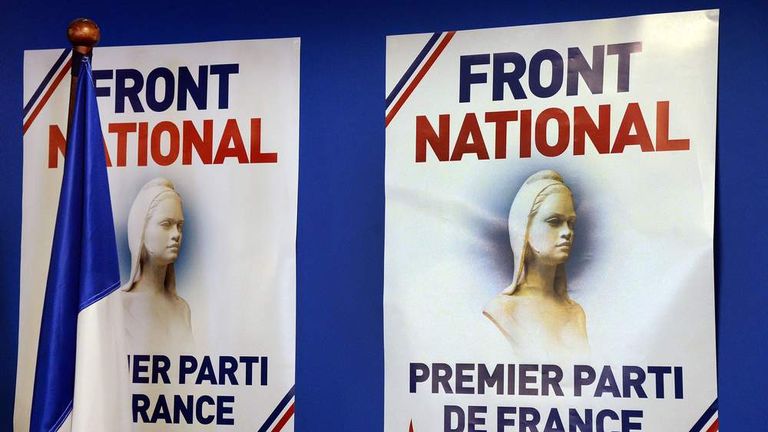 French far-right Front National party posters at the party's headquarters in Nanterre, outside Paris