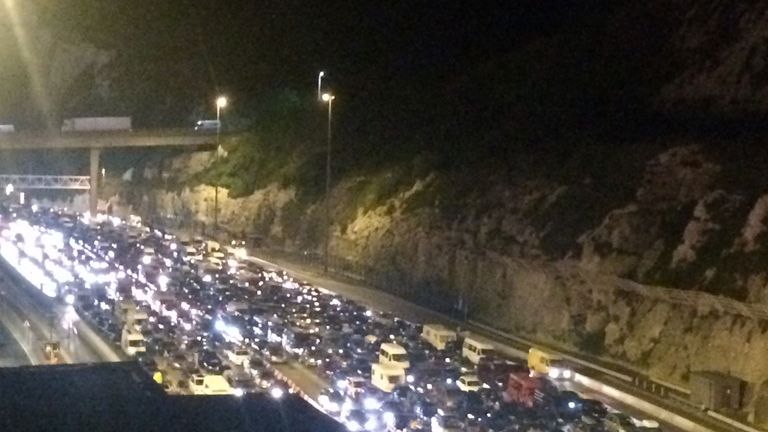 Queuing traffic at port of Dover in Kent
