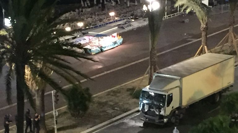 Picture from @Nice_Matin Twitter account showing a damaged truck in the aftermath 