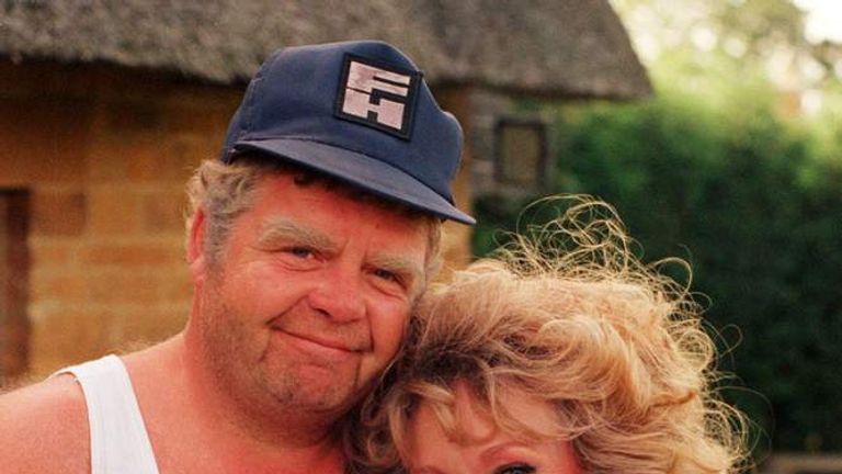Geoffrey Hughes, who has died aged 68, pictured in 1992 with actress Mary Miller.