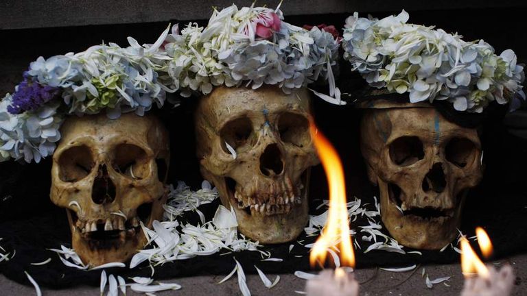 Decorated skulls are seen during a 'Day of the Skulls' ceremony