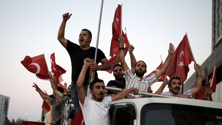 Supporters of President Tayyip Erdogan celebrate after the coup failed