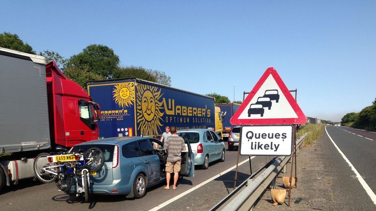 Queuing traffic on the A20 near Dover in Kent