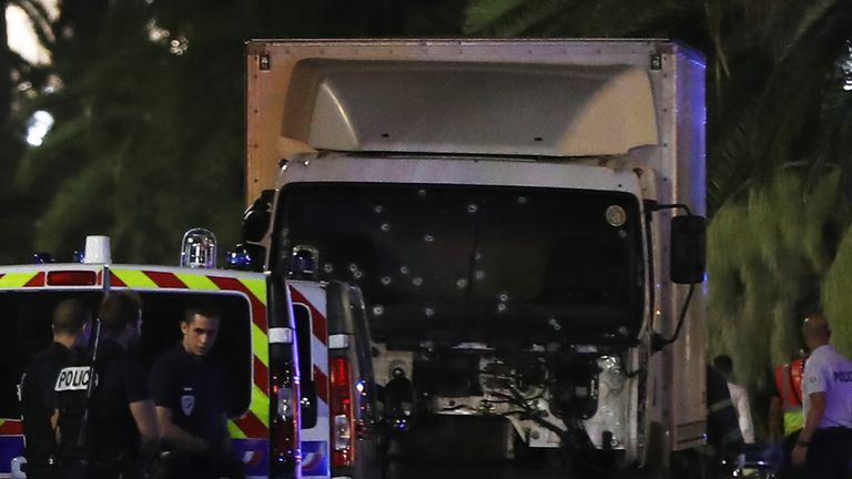 Bullet holes in the truck that killed dozens of people in Nice.