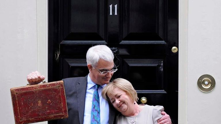 Britain's Chancellor of the Exchequer Darling holds Gladstone's old Budget box outside 11 Downing Street in 2010