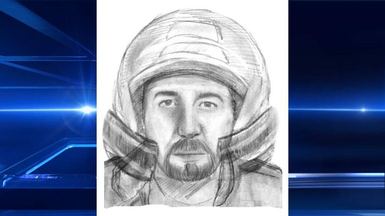 A sketch of a motorcyclist sought in connection with a family's murder in the French Alsp