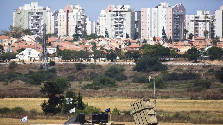 A recently located Iron Dome battary can be seen near the southern Israeli city of Ashkelon  outside the Gaza Strip