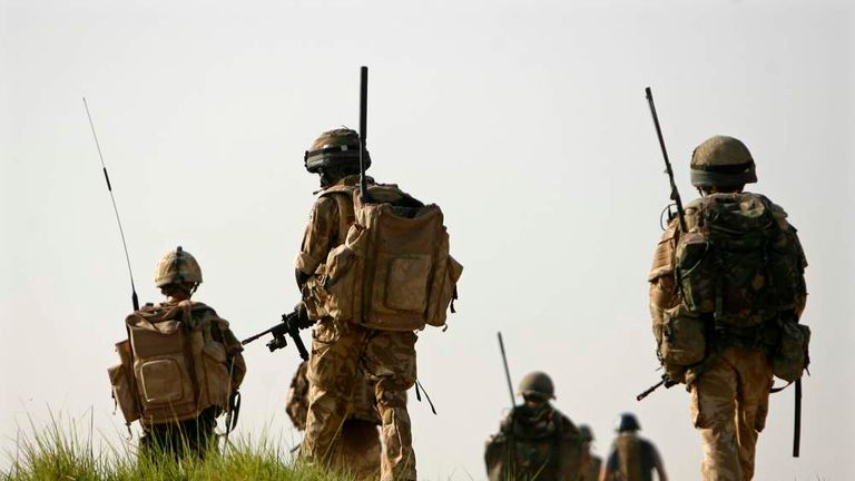 British soldiers from A Company, 2 Mercian patrol in the Babaji village in Helmand province