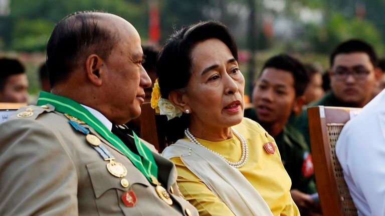 Aung San Suu Kyi  at a parade on Wednesday for Armed Foces Day