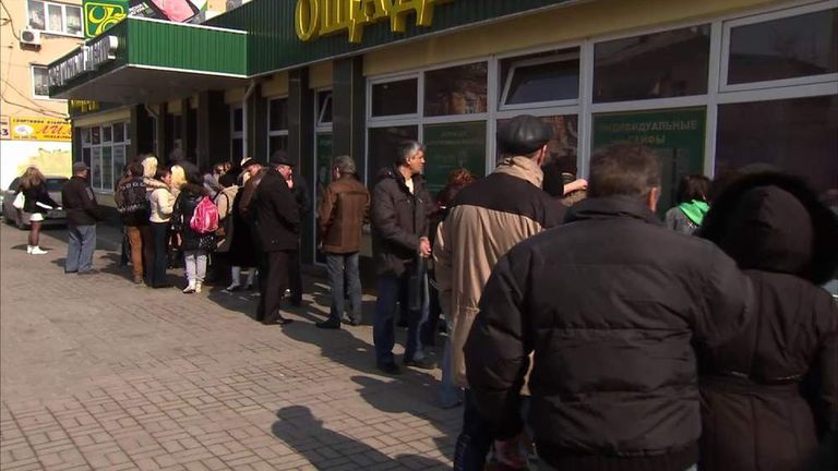Queues outside a bank in Simferopol